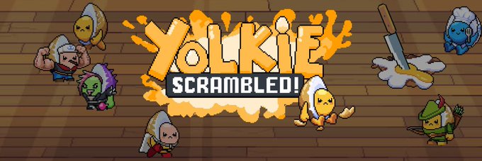 A pixel art promotional banner for the game "YOLKIE SCRAMBLED!" features egg-shaped characters alongside warriors and weapons, visually representing the competitive survival game mentioned in the post for the @YolkiesRH NFT project.