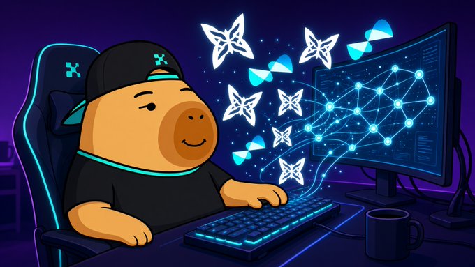 A cartoon illustration of a smiling pig wearing a black cap and shirt, sitting in a glowing gaming chair at a computer with floating butterflies and a network diagram on the screen.
