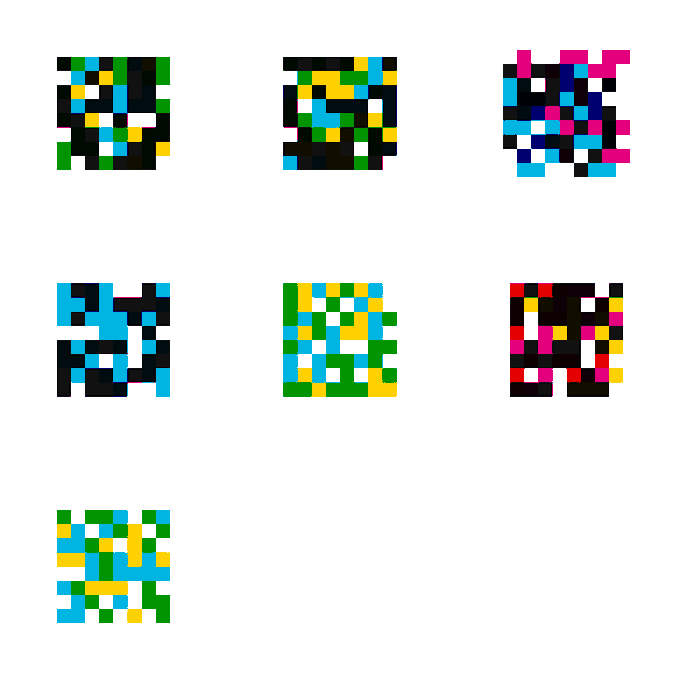 Seven abstract pixel-art style designs or icons in various color palettes arranged in a grid on a white background.