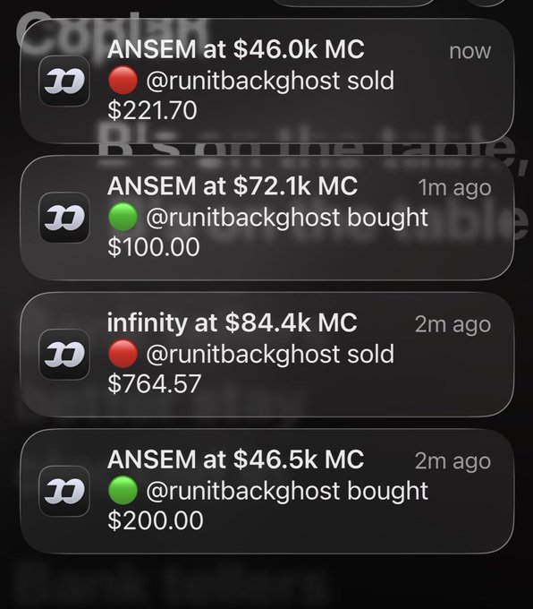 A trading app notification log showing recent buy/sell transactions from @runitbackghost for ANSEM at $46.0k MC, ANSEM at $72.1k MC, infinity at $84.4k MC, and ANSEM at $46.5k MC.