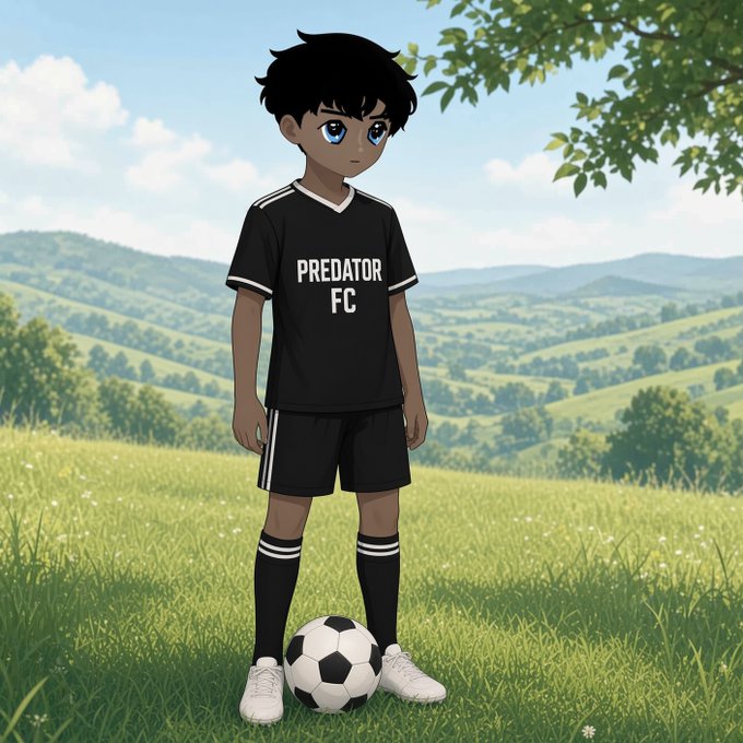 An anime-style illustration of a young boy in a black 'PREDATOR FC' soccer uniform standing in a grassy field with a soccer ball.