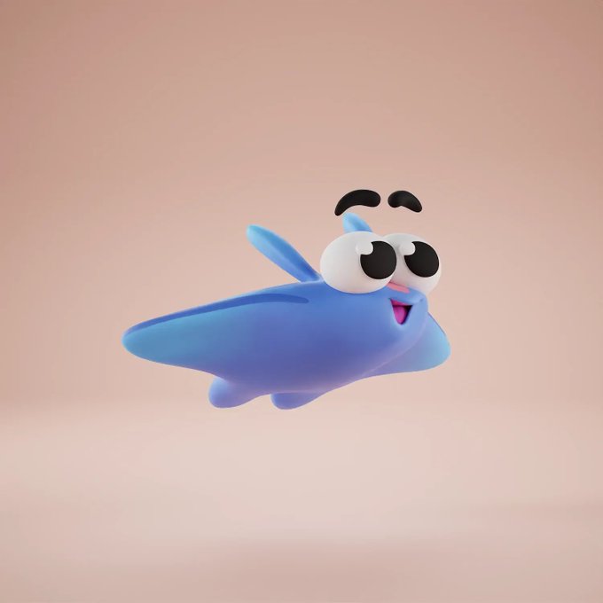 A 3D-rendered blue cartoon character with large eyes and a smiling expression floating against a peach background.