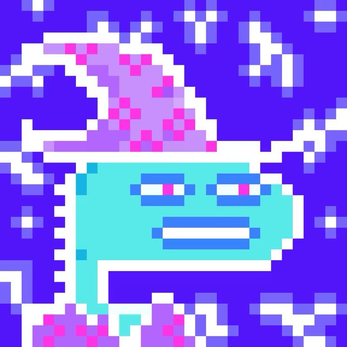 A pixel art image of a light blue character with a bored or unimpressed expression wearing a purple wizard hat with pink stars, set against a purple starry background.