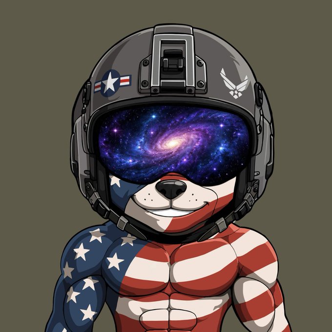 A cartoon muscular bear character wearing an American flag-themed outfit and a military helmet with a galaxy pattern reflected in its visor.