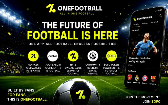 Promotional banner for OneFootball stating 'The Future of Football is Here,' highlighting features like FanPass, NFT, and $OFC token, alongside a smartphone displaying the app.