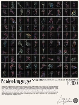 Promotional image titled 'Body Language' by SuperRare, showing a grid of dance pose images marked '1/100'.