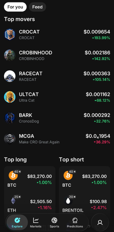 Screenshot of a trading app's 'For you' feed showing 'Top movers' including CROCAT (+193.99%), CROBINHOOD (+142.92%), RACECAT (+105.14%), ULTCAT (+68.12%), BARK (+32.76%), and MCGA (+36.29%), along with 'Top long' and 'Top short' markets for BTC, and 'Top short' for ETH and BRENTOIL.