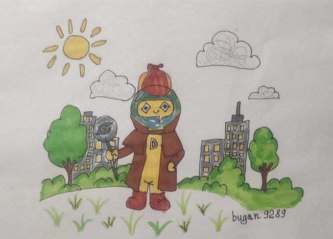 A child's colorful drawing featuring a character wearing a red hat and brown coat holding a staff, with buildings, trees, sun and clouds in the background, signed 'bugan 9289'.