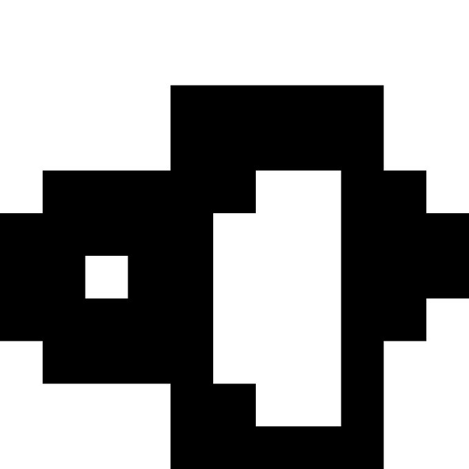 Simple black-and-white pixel art graphic depicting a stylized character or abstract blocky shape.