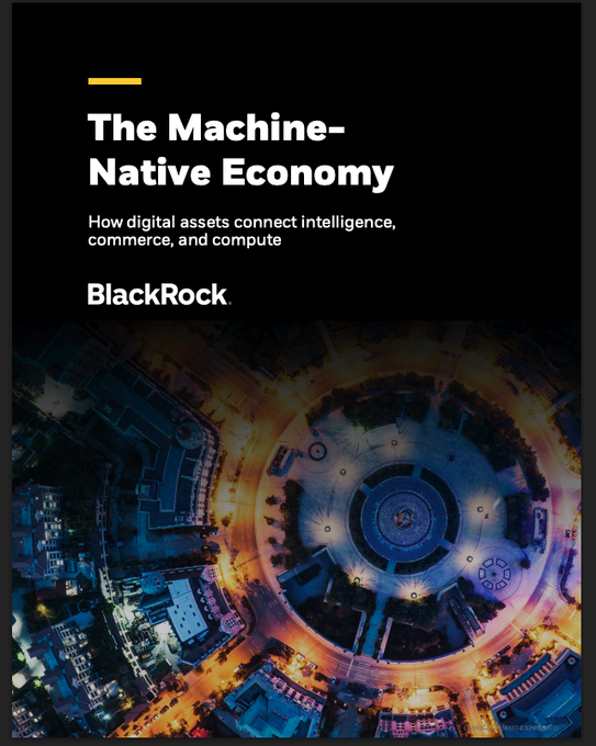 A BlackRock report cover titled 'The Machine-Native Economy: How digital assets connect intelligence, commerce, and compute' featuring an aerial nighttime view of a circular illuminated plaza.