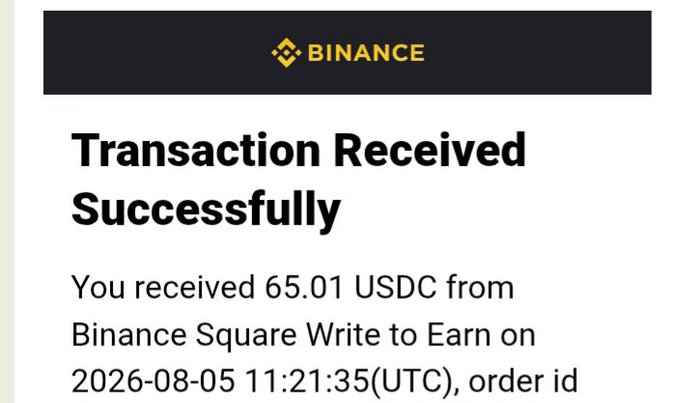 A Binance transaction notification stating 'Transaction Received Successfully' for 65.01 USDC from 'Binance Square Write to Earn' dated 2026-08-05 11:21:35 UTC.