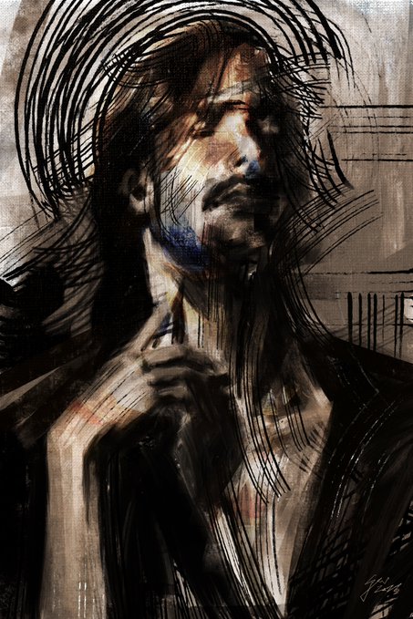 An expressive painting of a figure in dark, loose brushstrokes with hints of blue and orange, featuring chaotic circular line work surrounding the head.