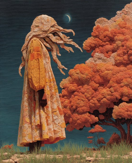 A textured, mixed-media artwork depicts a robed figure with wind-blown hair facing an orange-leaved tree under a dark sky with a crescent moon.