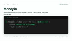 A dark-themed webpage titled 'Money in.' showing payment methods with text mentioning 'Aliexpress', 'BTC', 'ETH', and 'USDT', displaying JavaScript code that generates an invoice email link to 'fin@doxcx.com'.