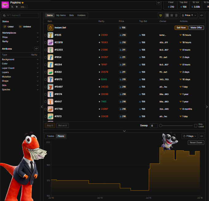 Screenshot of a Popkins NFT marketplace interface showing a list of listed items with prices, top bids, and rarity levels, along with a 7-day trades floor chart at the bottom.