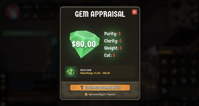 A digital 'GEM APPRAISAL' screen displays an Uncut Gem valued at $80.00 with all S-rank stats (Purity, Clarity, Weight, Cut), offering 800 Keys to claim instantly.