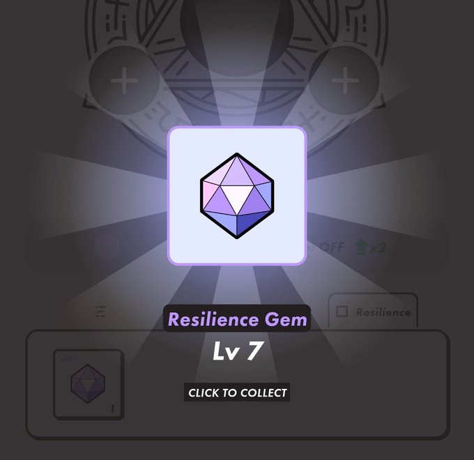A digital collectible screen displaying a purple 'Resilience Gem Lv 7' icon with a 'CLICK TO COLLECT' button against a dark background with game UI elements.
