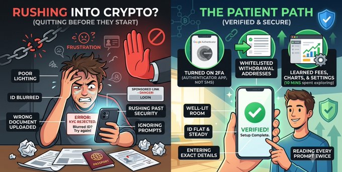 A side-by-side comparison contrasting the pitfalls of rushing Binance KYC ("Rushing Into Crypto: Quitting Before They Start")—featuring error messages like "ERROR: KYC rejected" and "Blurred ID? Try again"—with the rewards of patience ("The Patient Path: Verified & Secure"), where a user successfully completes verification with tips like "Turned on 2FA" and "Well-lit room." The image visually reinforces the post's message that careful preparation, rather than speed, is the key to passing identity verification.