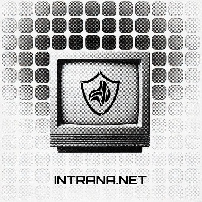 A grayscale image features a retro television set displaying a shield emblem with a flame inside, set against a background of halftone-patterned tiles in varying shades, with "INTRANA.NET" written below. The shield and flame symbolize protection and security, visually reinforcing the post's message about the urgent need for post-quantum cryptography migration to safeguard against future threats.