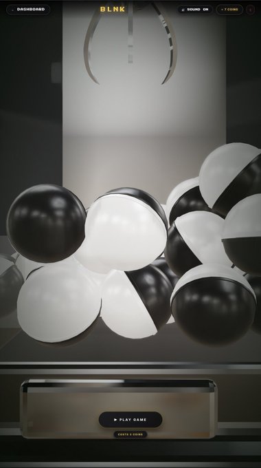 A dark, minimalist game or app interface titled 'BLNK' featuring black and white spherical objects clustered together above a 'PLAY GAME' button, with 7 coins displayed.