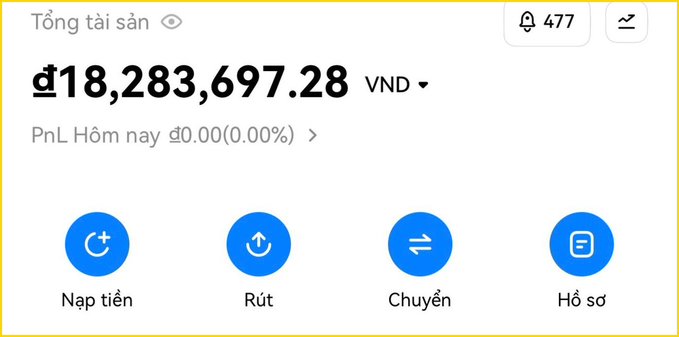 A Binance account dashboard showing a total balance of ₫18,283,697.28 VND with options to deposit, withdraw, transfer, or view history—illustrating the poster's dilemma of having accumulated VND funds that can't be easily cashed out due to lack of Vietnamese exchange support.