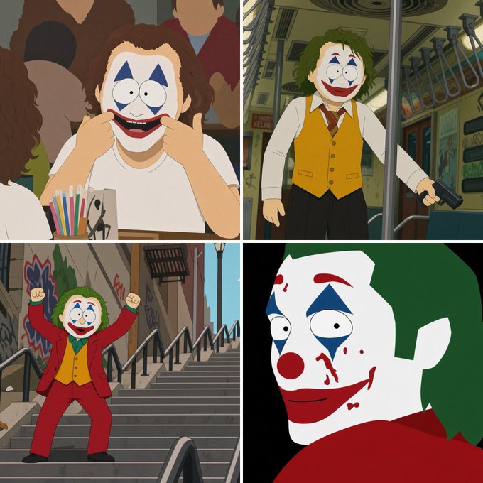 A 2x2 collage of cartoon scenes featuring a green-haired clown character in various situations including a subway and on stairs.
