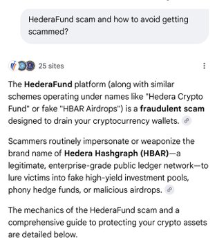 A Google search result warning about the "HederaFund scam," which involves fake "HBAR Airdrops" impersonating the legitimate Hedera Hashgraph ($HBAR) blockchain to drain crypto wallets, directly supporting the post's scam alert urging $HBAR holders to stay vigilant about fraudulent activity in their HashPack wallets.