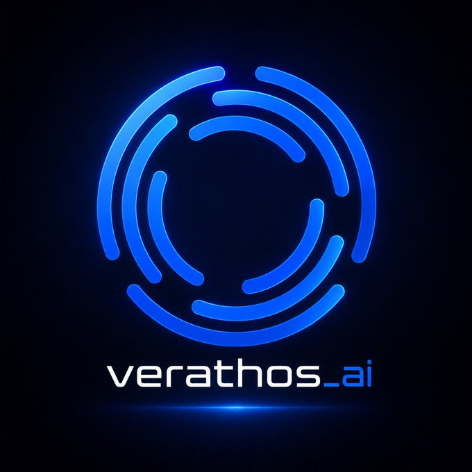 The image displays the Verathos AI logo, featuring concentric blue glowing arcs arranged in a spiral pattern on a black background, with the text "verathos_ai" below in white and blue lettering—visually representing the company's cryptographic proof-of-AI system referenced in the accompanying post about Gleipnir and Bittensor.