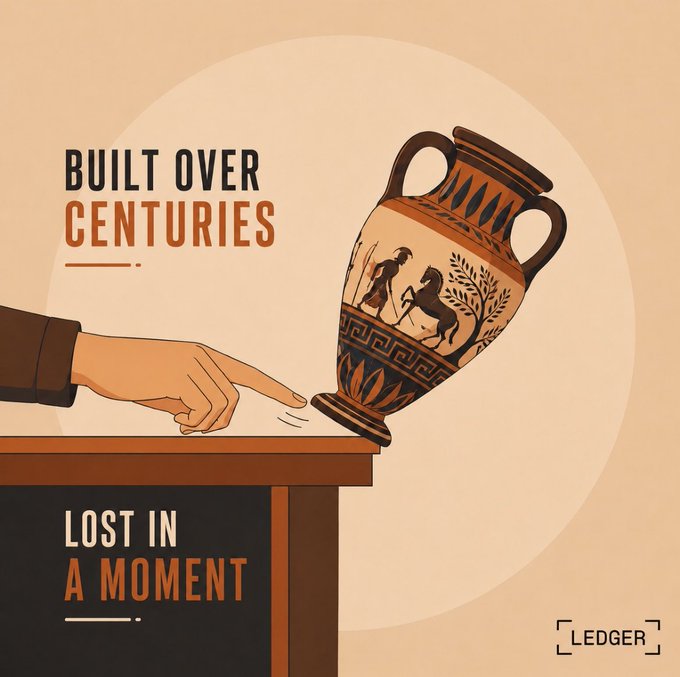 A Ledger promotional illustration featuring an ancient Greek amphora being knocked off a table by a pointing finger, with text reading 'BUILT OVER CENTURIES' and 'LOST IN A MOMENT'.