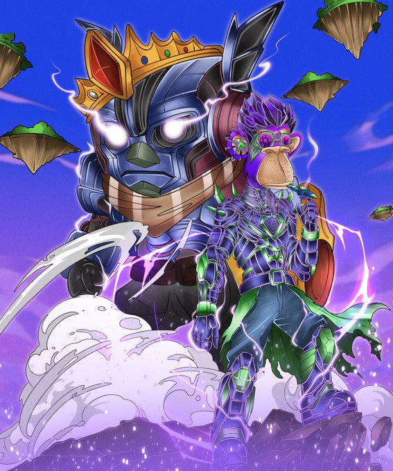 The image features Donkey Kong and a large armored mech version of himself wearing a crown, set against a vibrant purple sky with floating islands. This appears to reference a "Donkey Kong Country" or "DK" theme, fitting with the "Building BASC w/ @leothearch" post that likely references building a Bored Ape Yacht Club-related project with a Donkey Kong-inspired aesthetic.