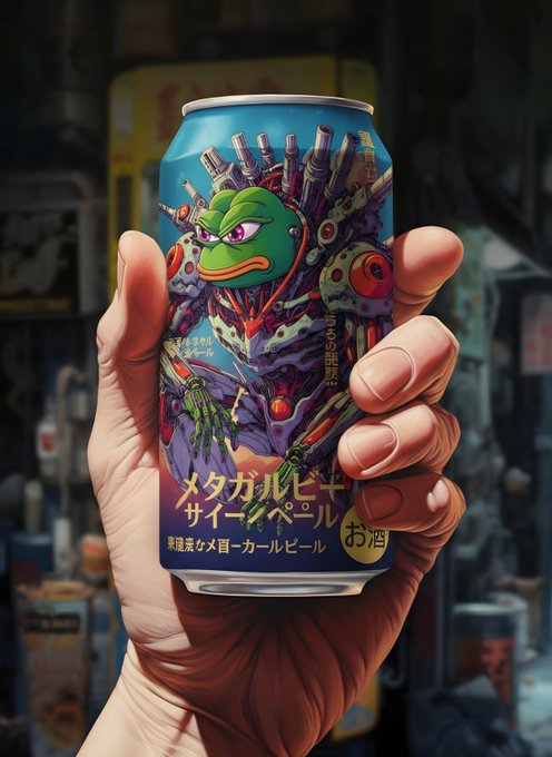 Photorealistic image of a hand holding a Japanese beer can featuring a mecha-style Pepe the Frog illustration with Japanese text including 'メタガソビール' (Metagaso Beer) and 'サイイーベール' (Sciibeer), with an お酒 (alcohol) label.