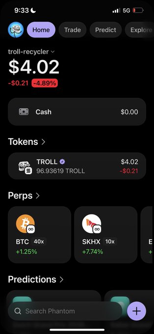 A mobile cryptocurrency portfolio screen for 'troll-recycler' showing a total value of $4.02 (-4.89%), with 96.93619 TROLL tokens, and perpetual positions including BTC (40x, +1.25%) and SKHX (10x, +7.74%).