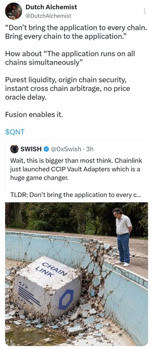 A tweet from 'Dutch Alchemist' (@DutchAlchemist) discussing blockchain technology, including a quote about Chainlink and an image showing a block labeled 'CHAIN LINK' next to a man by a pool.