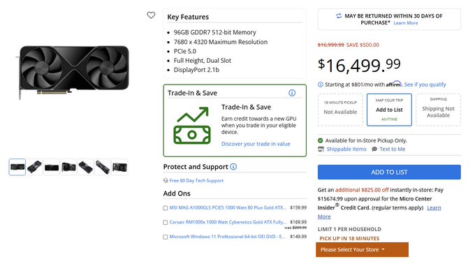 A product listing page for a graphics card (likely RTX 5090) priced at $16,499.99, showing key features like 96GB GDDR7 memory and 7680 x 4320 resolution.