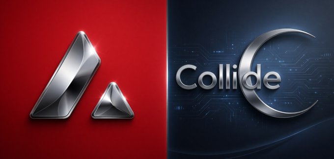 A split graphic juxtaposes the Avalanche logo on a red background with a stylized "Collide" logo on a blue, circuit-board backdrop, visually representing the comparison discussed in the post about Helicon as the next upgrade in Avalanche's stack, highlighting the tension between maintaining institutional-grade reliability and the risk of a messy activation.