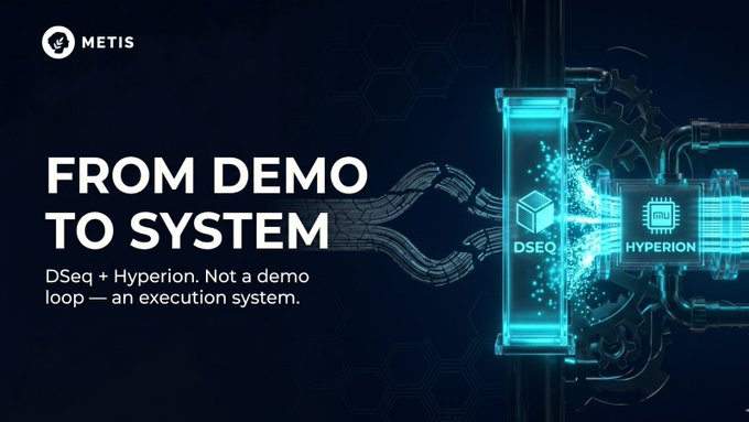 The image features a poster advertising an execution system developed by Metis. The background of the poster is black, with blue text displaying the title "From Demo to System" accompanied by an explanation for the execution system's dual-layer approach involving DSeq for verification and Hyperion for high-performance computing. In addition to this, there are two icons within the image: a computer monitor labeled "DSSEQ" in white against a blue background, and another icon depicting a green cube symbolizing Hyperion. The overall composition of the poster emphasizes the system's capabilities and functionality.