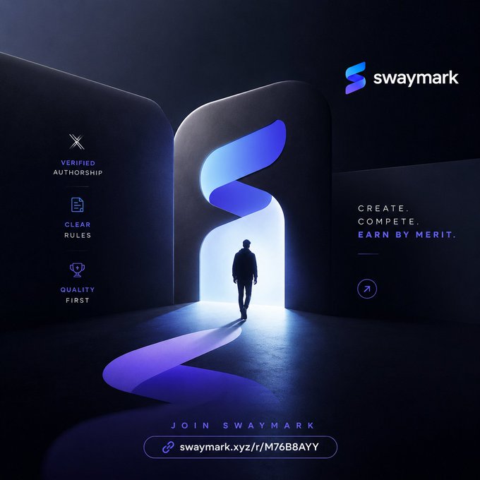 A dark, futuristic promotional graphic for 'swaymark' featuring a silhouetted figure walking toward a glowing doorway, with text 'Create. Compete. Earn by merit.' and the URL 'swaymark.xyz/r/M76B8AYY'.