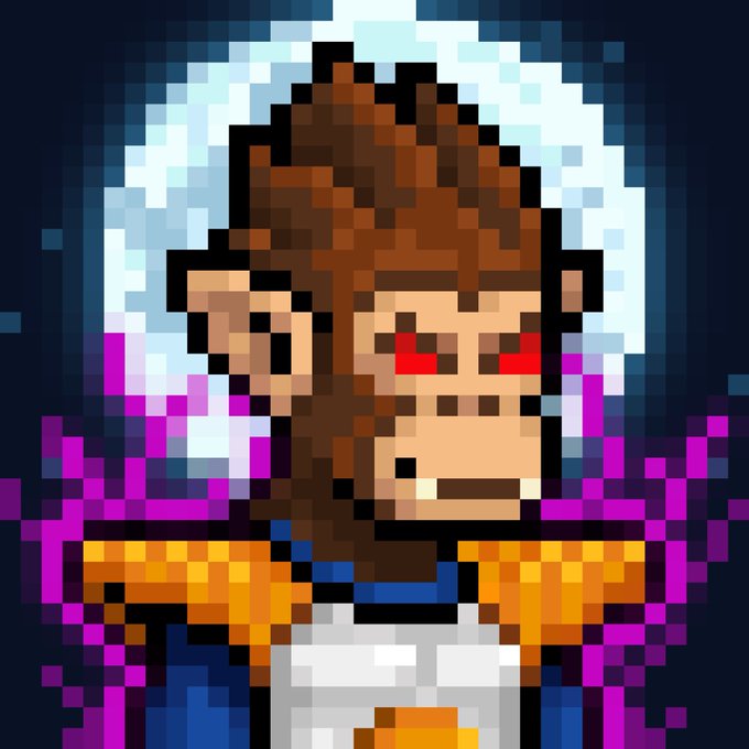 A pixel art portrait of a character with brown hair, red eyes, and freckles, wearing an orange and white top against a purple and blue background.