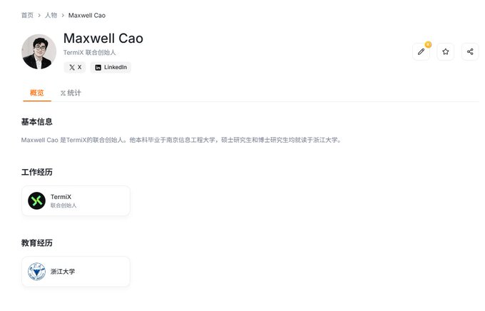 A Chinese profile page for 'Maxwell Cao' showing he is the co-founder of TermiX, with education at Nanjing University of Information Science and Technology and Zhejiang University.