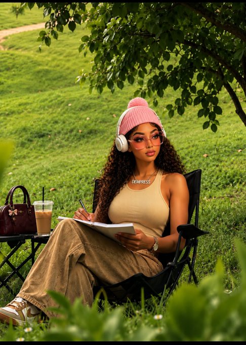 A woman wearing a pink beanie and headphones relaxes in a folding chair under a tree, writing in a notebook, with a 'DEPRESS' name necklace and iced coffee beside her.