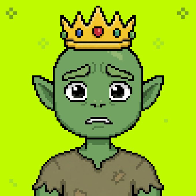 A green-skinned goblin character wearing a golden crown with red, blue, and green gems displays a worried expression against a pixelated green background. The image serves as promotional artwork for a giveaway featuring 2GTD and 10FCFS rewards from the @HoodGoblins NFT collection, visually representing the goblin theme of the project.