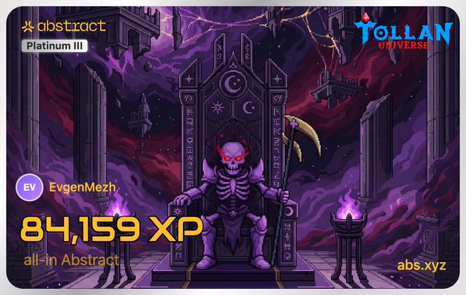 An Abstract blockchain achievement card for 'TOLLAN UNIVERSE' showing 'Platinum III' rank, 84,159 XP for EvgenMezh at abs.xyz.