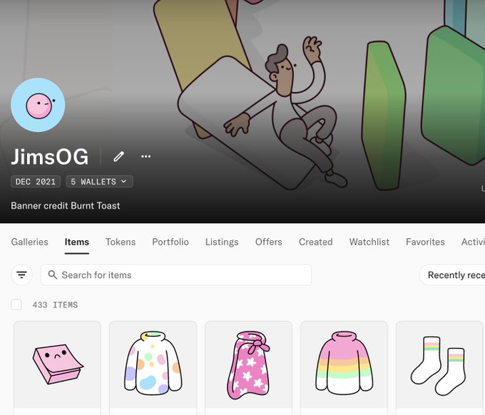 An OpenSea NFT profile for 'JimsOG', credited for the 'Burnt Toast' banner, showing a collection of 433 items including colorful clothing and accessories.