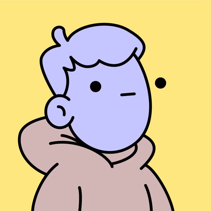 A simple cartoon-style illustration shows a figure featuring a purple face and hair, wearing a beige hoodie against a solid yellow background, with a single dot floating nearby.