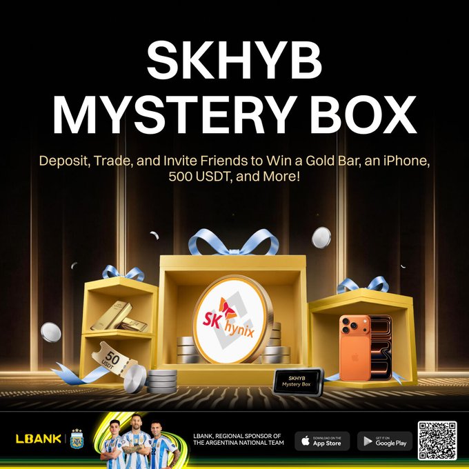 Promotional graphic for the "SKHYB MYSTERY BOX" event on LBank, featuring golden gift boxes containing gold bars, an iPhone, and Mac mini, with text announcing prizes including "a Gold Bar, an iPhone, 500 USDT, and More!" for participants who deposit, trade, and invite friends, displayed alongside the Argentina National Team sponsorship branding.