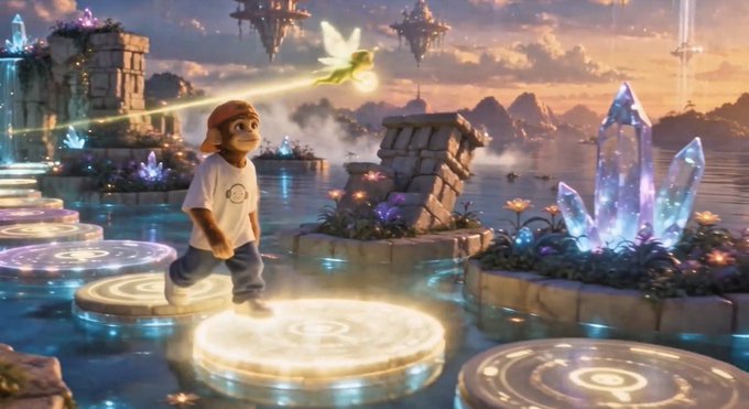 A scene from an animated video game or film showing a young character standing on a glowing platform in a mystical fantasy landscape with crystal formations and a flying creature.