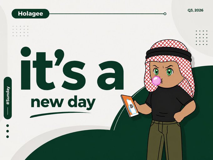 A digital illustration features a cartoon boy wearing a red and white checkered keffiyeh, blowing a pink bubble gum bubble while holding an orange smartphone. Text reads 'Holagee', 'it's a new day', '#Sunday', and 'Q3, 2026'.