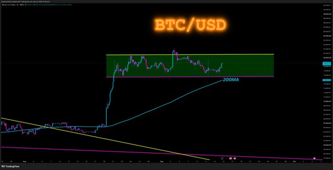 A Bitcoin (BTC/USD) TradingView candlestick chart shows price action with a 200MA moving average line and a green highlighted supply zone on a dark background.