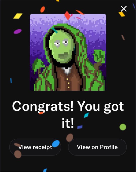A pixel art NFT of a green character in a hooded cloak is displayed with confetti effects and the text "Congrats! You got it!" alongside buttons to "View receipt" and "View on Profile," celebrating the user's first NFT purchase on Inkonchain.