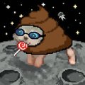 A pixel art illustration of a brown poop emoji character wearing sunglasses and holding a red lollipop, floating in a starry space background.